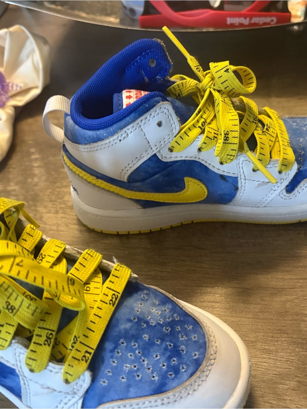 Jordan Kids Blue and White Sneakers with Yellow Tape Laces